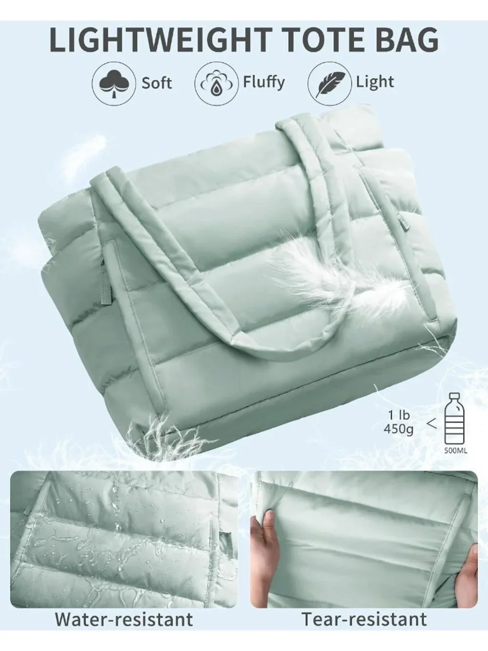 👜Women's Mint Green Puffer Tote Bag 16 Pockets Work Gym Travel Laptop Handbag